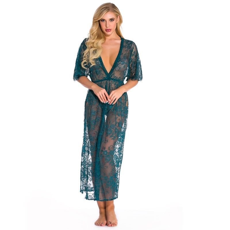 Robe de nuit sexy en dentelle et maille transparente,