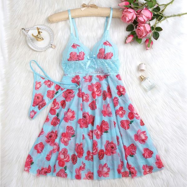 Nuisette babydoll sexy en dentelle et mousseline imprim