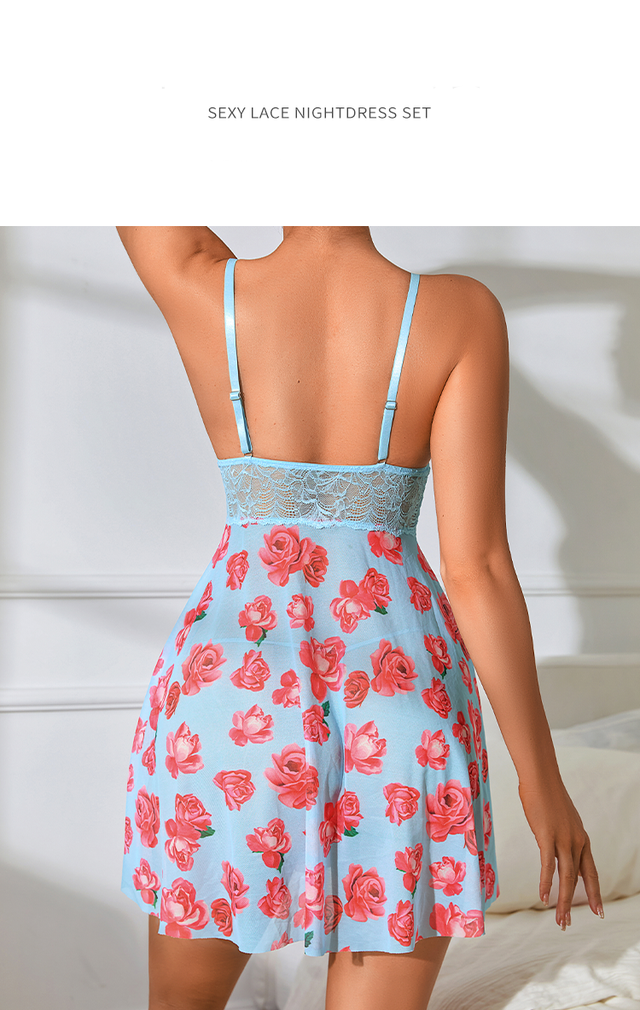 Nuisette babydoll sexy en dentelle et mousseline imprim