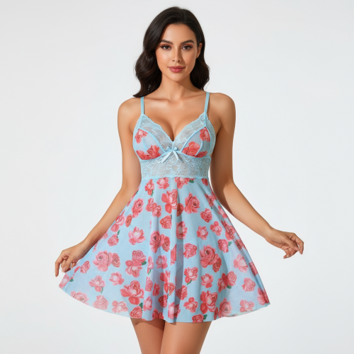 Nuisette babydoll sexy en dentelle et mousseline imprim