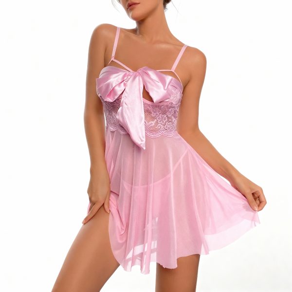 Robe Babydoll Sexy en Dentelle Transparente avec Nœud et Évider
