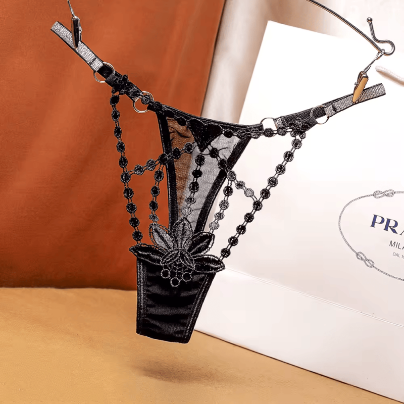 String Femme Sexy en Dentelle Brodée – Taille Basse, T-Back Transparent, Mesh Érotique